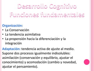 Organización:
• La Conservación
• La tendencia asimilativa
• La propensión hacia la diferenciación y la
  integración
Adaptación: tendencia activa de ajuste al medio.
Supone dos procesos igualmente indisolubles:
asimilación (conservación y equilibrio, ajustar el
conocimiento) y acomodación (cambio y novedad,
ajustar el pensamiento).
 