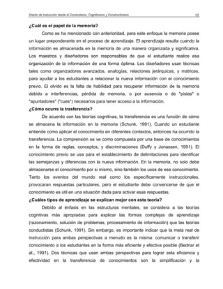 Diseño de Instrucción desde el Conductismo, Cognitivismo y Constructivismo 13
¿Cuál es el papel de la memoria?
Como se ha mencionado con anterioridad, para este enfoque la memoria posee
un lugar preponderante en el proceso de aprendizaje. El aprendizaje resulta cuando la
información es almacenada en la memoria de una manera organizada y significativa.
Los maestros y diseñadores son responsables de que el estudiante realice esa
organización de la información de una forma óptima. Los diseñadores usan técnicas
tales como organizadores avanzados, analogías, relaciones jerárquicas, y matrices,
para ayudar a los estudiantes a relacionar la nueva información con el conocimiento
previo. El olvido es la falta de habilidad para recuperar información de la memoria
debido a interferencias, pérdida de memoria, o por ausencia o de "pistas" o
"apuntadores" ("cues") necesarios para tener acceso a la información.
¿Cómo ocurre la trasferencia?
De acuerdo con las teorías cognitivas, la transferencia es una función de cómo
se almacena la información en la memoria (Schunk, 1991). Cuando un estudiante
entiende como aplicar el conocimiento en diferentes contextos, entonces ha ocurrido la
transferencia. La comprensión se ve como compuesta por una base de conocimientos
en la forma de reglas, conceptos, y discriminaciones (Duffy y Jonassen, 1991). El
conocimiento previo se usa para el establecimiento de delimitaciones para identificar
las semejanzas y diferencias con la nueva información. En la memoria, no solo debe
almacenarse el conocimiento por si mismo, sino también los usos de ese conocimiento.
Tanto los eventos del mundo real como los específicamente instruccionales,
provocaran respuestas particulares, pero el estudiante debe convencerse de que el
conocimiento es útil en una situación dada para activar esas respuestas.
¿Cuáles tipos de aprendizaje se explican mejor con esta teoría?
Debido al énfasis en las estructuras mentales, se considera a las teorías
cognitivas más apropiadas para explicar las formas complejas de aprendizaje
(razonamiento, solución de problemas, procesamiento de información) que las teorías
conductistas (Schunk, 1991). Sin embargo, es importante indicar que la meta real de
instrucción para ambas perspectivas a menudo es la misma: comunicar o transferir
conocimiento a los estudiantes en la forma más eficiente y efectiva posible (Bednar et
al., 1991). Dos técnicas que usan ambas perspectivas para lograr esta eficiencia y
efectividad en la transferencia de conocimientos son la simplificación y la
 