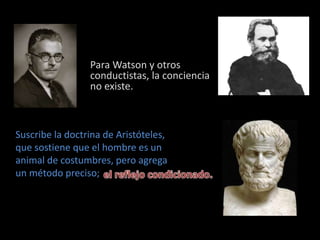 Para Watson y otros 
conductistas, la conciencia 
no existe. 
Suscribe la doctrina de Aristóteles, 
que sostiene que el hombre es un 
animal de costumbres, pero agrega 
un método preciso; 
 