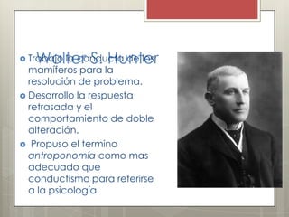 Walter S. Hunter Trabajo la conducta de los
mamíferos para la
resolución de problema.
 Desarrollo la respuesta
retrasada y el
comportamiento de doble
alteración.
 Propuso el termino
antroponomía como mas
adecuado que
conductismo para referirse
a la psicología.
 