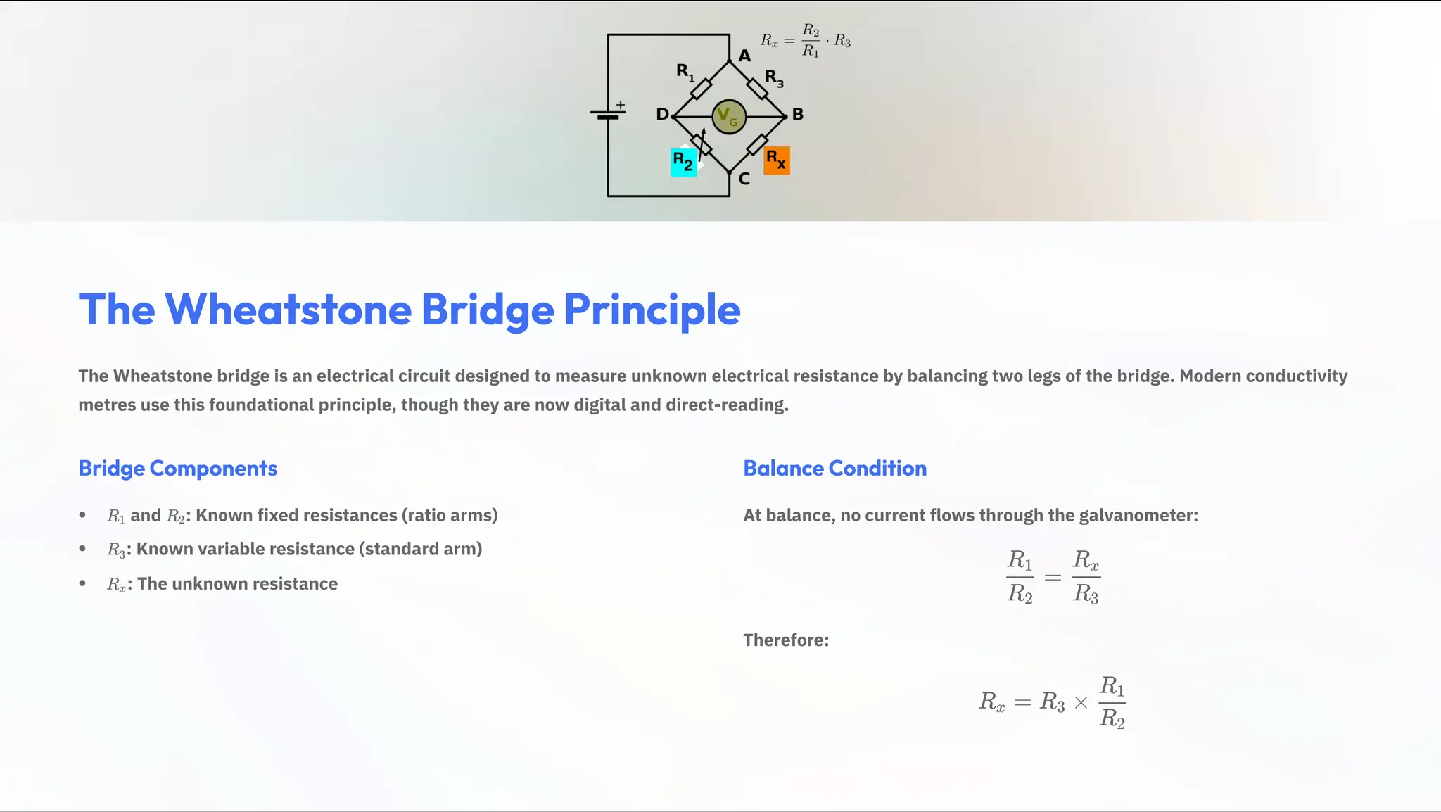 The Wheatstone Bridge Principle
The Wheatstone bridge is an electrical circuit designed to measure unknown electrical resistance by balancing two legs of the bridge. Modern conductivity
metres use this foundational principle, though they are now digital and direct-reading.
Bridge Components
and : Known fixed resistances (ratio arms)
R1 R2
: Known variable resistance (standard arm)
R3
: The unknown resistance
Rx
Balance Condition
At balance, no current flows through the galvanometer:
=
R2
R1
R3
Rx
Therefore:
R =
x R ×
3
R2
R1
 