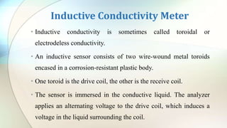Inductive Conductivity Meter
• Inductive conductivity is sometimes called toroidal or
electrodeless conductivity.
• An inductive sensor consists of two wire-wound metal toroids
encased in a corrosion-resistant plastic body.
• One toroid is the drive coil, the other is the receive coil.
• The sensor is immersed in the conductive liquid. The analyzer
applies an alternating voltage to the drive coil, which induces a
voltage in the liquid surrounding the coil.
 