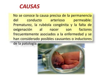 CAUSAS
No se conoce la causa precisa de la permanencia
del      conducto     arterioso      permeable:
Prematurez, la rubéola congénita y la falta de
oxigenación      al   nacer     son     factores
frecuentemente asociados a la enfermedad y se
han considerado posibles causantes o inductores
de la patología.
 