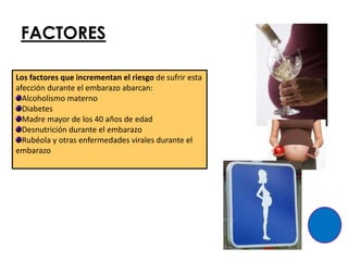 FACTORES

Los factores que incrementan el riesgo de sufrir esta
afección durante el embarazo abarcan:
  Alcoholismo materno
  Diabetes
  Madre mayor de los 40 años de edad
  Desnutrición durante el embarazo
  Rubéola y otras enfermedades virales durante el
embarazo
 