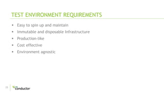 15
 Easy to spin up and maintain
 Immutable and disposable Infrastructure
 Production-like
 Cost effective
 Environment agnostic
TEST ENVIRONMENT REQUIREMENTS
 