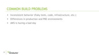 28
 Inconsistent behavior (flaky tests, code, infrastructure, etc.)
 Differences in production and PBE environments
 AWS is having a bad day
COMMON BUILD PROBLEMS
 