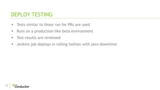 33
 Tests similar to those run for PRs are used
 Runs on a production-like beta environment
 Test results are reviewed
 Jenkins job deploys in rolling fashion with zero downtime
DEPLOY TESTING
 