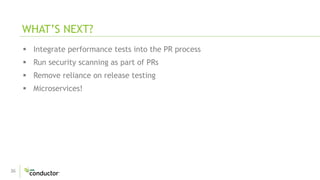 36
 Integrate performance tests into the PR process
 Run security scanning as part of PRs
 Remove reliance on release testing
 Microservices!
WHAT’S NEXT?
 