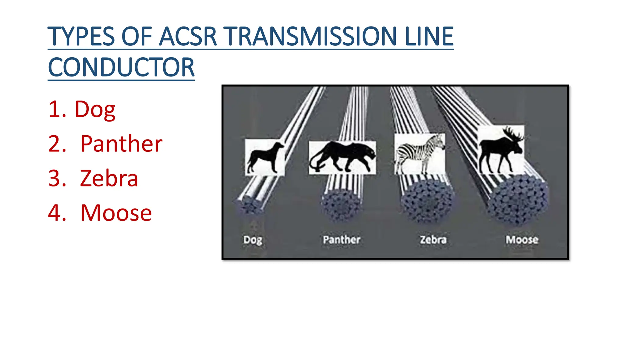 TYPES OF ACSR TRANSMISSION LINE
CONDUCTOR
1. Dog
2. Panther
3. Zebra
4. Moose
 