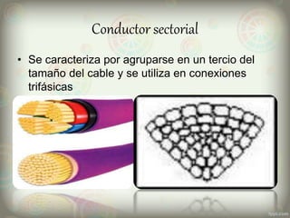 Conductor sectorial
• Se caracteriza por agruparse en un tercio del
tamaño del cable y se utiliza en conexiones
trifásicas
 