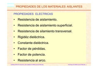 HM
PROPIEDADES DE LOS MATERIALES AISLANTES
CARACTERISTICAS DE LOS CONDUCTORES ELECTRICOS INSTALACIONES ELECTRICAS I
PROPIEDADES ELECTRICAS
• Resistencia de aislamiento.
• Resistencia de aislamiento superficial.
• Resistencia de silamiento transversal.
• Rigidéz dieléctrica.
• Constante dieléctrica.
• Factor de pérdidas.
• Factor de potencia.
• Resistencia al arco.
 