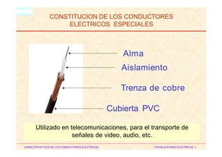 HM
CONSTITUCION DE LOS CONDUCTORES
ELECTRICOS ESPECIALES
Alma
Aislamiento
Trenza de cobre
Cubierta PVC
CARACTERISTICAS DE LOS CONDUCTORES ELECTRICOS INSTALACIONES ELECTRICAS I
Utilizado en telecomunicaciones, para el transporte de
señales de video, audio, etc.
 