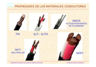 HM
PROPIEDADES DE LOS MATERIALES CONDUCTORES
AMCA
AUTOSOPORTANTES
DE ALUMMINIO
TW SJT - SJTO
NYY
MULTIPOLAR N2XY
CARACTERISTICAS DE LOS CONDUCTORES ELECTRICOS INSTALACIONES ELECTRICAS I
 