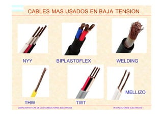 HM
CABLES MAS USADOS EN BAJA TENSION
NYY BIPLASTOFLEX WELDING
MELLIZO
THW TWT
CARACTERISTICAS DE LOS CONDUCTORES ELECTRICOS INSTALACIONES ELECTRICAS I
 
