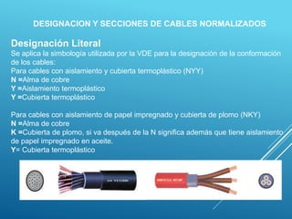 DESIGNACION Y SECCIONES DE CABLES NORMALIZADOS
Designación Literal
Se aplica la simbología utilizada por la VDE para la designación de la conformación
de los cables:
Para cables con aislamiento y cubierta termoplástico (NYY)
N =Alma de cobre
Y =Aislamiento termoplástico
Y =Cubierta termoplástico
Para cables con aislamiento de papel impregnado y cubierta de plomo (NKY)
N =Alma de cobre
K =Cubierta de plomo, si va después de la N significa además que tiene aislamiento
de papel impregnado en aceite.
Y= Cubierta termoplástico
 