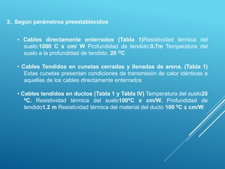 3.. Según parámetros preestablecidos
• Cables directamente enterrados (Tabla 1)Resistividad térmica del
suelo:1000 C x cm/ W Profundidad de tendido:0.7m Temperatura del
suelo a la profundidad de tendido: 20 OC
• Cables Tendidos en cunetas cerradas y llenadas de arena. (Tabla 1)
Estas cunetas presentan condiciones de transmisión de calor idénticas a
aquellas de los cables directamente enterrados
• Cables tendidos en ductos (Tabla 1 y Tabla IV) Temperatura del suelo20
ºC. Resistividad térmica del suelo100ºC x cm/W. Profundidad de
tendido1.2 m Resistividad térmica del material del ducto 100 0C x cm/W.
 