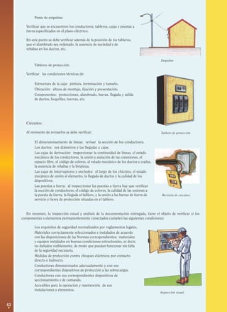 Punto de empalme:
Verificar que se encuentren los conductores, tableros, cajas y puestas a
tierra especificados en el plano eléctrico.
En este punto se debe verificar además de la posición de los tableros,
que el alambrado sea ordenado, la ausencia de suciedad y de
rebabas en los ductos, etc.

·

Tableros de protección:

Empalme

Verificar las condiciones técnicas de:

·
·
·

Estructura de la caja: pintura, terminación y tamaño.
Ubicación: altura de montaje, fijación y presentación.
Componentes: protecciones, alambrado, barras, llegada y salida
de ductos, boquillas, tuercas, etc.

Circuitos:
Al momento de revisarlos se debe verificar:

·
·
·

···
·

El dimensionamiento de líneas: revisar la sección de los conductores.
Los ductos: sus diámetros y las llegadas a cajas.
Las cajas de derivación: inspeccionar la continuidad de líneas, el estado
mecánico de los conductores, la unión y aislación de las conexiones, el
espacio libre, el código de colores, el estado mecánico de los ductos y coplas,
la ausencia de rebabas y la limpieza.
Las cajas de interruptores y enchufes: el largo de los chicotes, el estado
mecánico de unión al elemento, la llegada de ductos y la calidad de los
dispositivos.
Las puestas a tierra: al inspeccionar las puestas a tierra hay que verificar
la sección de conductores, el código de colores, la calidad de las uniones a
la puesta de tierra, la llegada al tablero, y la unión a las barras de tierra de
servicio y tierra de protección situadas en el tablero.

Tablero de protección

Revisión de circuitos

En resumen, la inspección visual y análisis de la documentación entregada, tiene el objeto de verificar si los
componentes o elementos permanentemente conectados cumplen las siguientes condiciones:

·
·

·
·
·
·

43

Los requisitos de seguridad normalizados por reglamentos legales.
Materiales correctamente seleccionados e instalados de acuerdo
con las disposiciones de las Normas correspondientes; materiales
y equipos instalados en buenas condiciones estructurales, es decir,
no dañados visiblemente, de modo que puedan funcionar sin falta
de la seguridad necesaria.
Medidas de protección contra choques eléctricos por contacto
directo e indirecto.
Conductores dimensionados adecuadamente y con sus
correspondientes dispositivos de protección a las sobrecargas.
Conductores con sus correspondientes dispositivos de
seccionamiento y de comando.
Accesibles para la operación y mantención de sus
instalaciones y elementos.

Inspección visual

 
