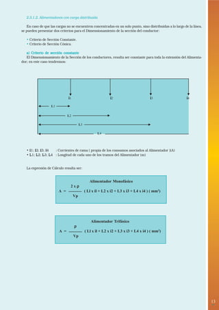 13 
• 
2.3.1.2. Alimentadores con carga distribuida 
En caso de que las cargas no se encuentren concentradas en un solo punto, sino distribuidas a lo largo de la línea, 
se pueden presentar dos criterios para el Dimensionamiento de la sección del conductor: 
• Criterio de Sección Constante. 
• Criterio de Sección Cónica. 
a) Criterio de sección constante 
El Dimensionamiento de la Sección de los conductores, resulta ser constante para toda la extensión del Alimenta-dor; 
en este caso tendremos: 
i1 i2 i3 i4 
• i1; i2; i3; i4 : Corrientes de rama ( propia de los consumos asociados al Alimentador )(A) 
• L1; L2; L3; L4 : Longitud de cada uno de los tramos del Alimentador (m) 
La expresión de Cálculo resulta ser: 
Alimentador Monofásico 
2 x ρρρρ 
A = ( Ll x il + L2 x i2 + L3 x i3 + L4 x i4 ) ( mm2) 
Vp 
Alimentador Trifásico 
ρρρρ 
A = ( Ll x il + L2 x i2 + L3 x i3 + L4 x i4 ) ( mm2) 
Vp 
L4 
L3 
L1 
L2 
 