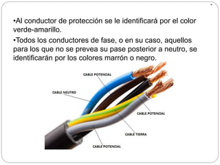 .
•Al conductor de protección se le identificará por el color
verde-amarillo.
•Todos los conductores de fase, o en su caso, aquellos
para los que no se prevea su pase posterior a neutro, se
identificarán por los colores marrón o negro.
 