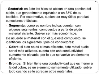 .
- Sectorial: en éste los hilos se ubican en una porción del
cable, que generalmente equivalen a un 33% de su
totalidad. Por este motivo, suelen ser muy útiles para las
conexiones trifásicas.
- Segmenta: como su nombre indica, cuentan con
algunos segmentos, compuestos a partir de algún
material aislante. Suelen ser más económicos.
De acuerdo al material con el que esté compuesto, se
identifican los siguientes tipos de conductores:
- Cobre: si bien no es el más eficiente, este metal suele
ser el más utilizado. cuenta con una conductividad
sumamente elevada, por lo que se vuelve un elemento
eficiente.
- Bronce: Si bien tiene una conductividad que es menor a
la del cobre, es un elemento sumamente utilizado, sobre
todo cuando se le agregan otros materiales.
 