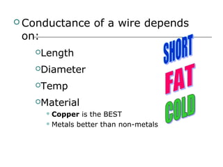  Conductance
of a wire depends
on:
Length
Diameter
Temp
Material
Copper
is the BEST
Metals better than non-metals