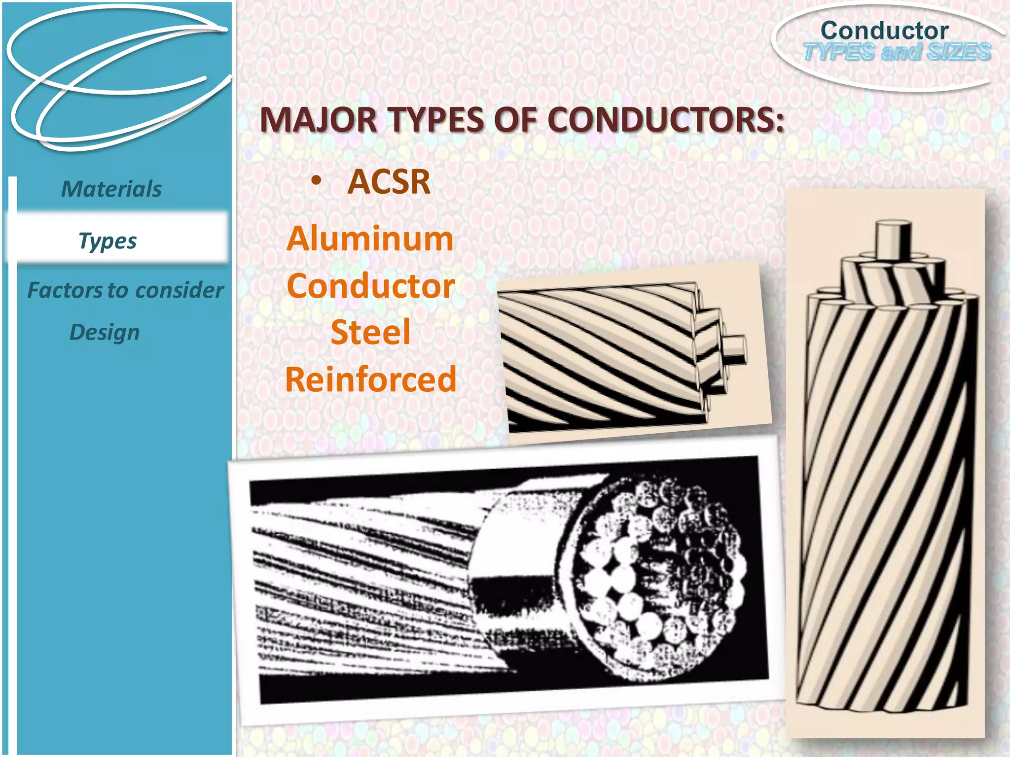 Conductor
MAJOR TYPES OF CONDUCTORS:
• ACSR
Aluminum
Conductor
Steel
Reinforced
Materials
Types
Factorsto consider
Design
 