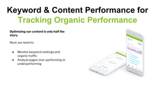 Optimizing our content is only half the
story.
Next, we need to:
● Monitor keyword rankings and
organic traffic
● Analyze pages over-performing or
underperforming
Keyword & Content Performance for
Tracking Organic Performance
 