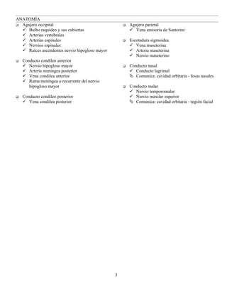 ANATOMÍA
 Agujero occipital                                    Agujero parietal
   Bulbo raquídeo y sus cubiertas                       Vena emisoria de Santorini
   Arterias vertebrales
   Arterias espinales                                 Escotadura sigmoidea
   Nervios espinales                                    Vena maseterina
   Raíces ascendentes nervio hipogloso mayor            Arteria maseterina
                                                         Nervio maseterino
   Conducto condíleo anterior
     Nervio hipogloso mayor                           Conducto nasal
     Arteria meningea posterior                         Conducto lagrimal
     Vena condilea anterior                             Comunica: cavidad orbitaria - fosas nasales
     Rama meningea o recurrente del nervio
       hipogloso mayor                                 Conducto malar
                                                         Nervio temporomalar
   Conducto condileo posterior                          Nervio maxilar superior
     Vena condilea posterior                            Comunica: cavidad orbitaria - región facial




                                                3
 