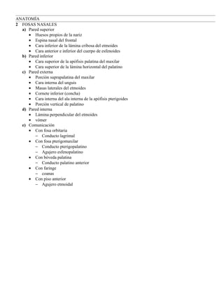 ANATOMÍA
2 FOSAS NASALES
  a) Pared superior
     • Huesos propios de la nariz
     • Espina nasal del frontal
     • Cara inferior de la lámina cribosa del etmoides
     • Cara anterior e inferior del cuerpo de esfenoides
  b) Pared inferior
     • Cara superior de la apófisis palatina del maxilar
     • Cara superior de la lámina horizontal del palatino
  c) Pared externa
     • Porción suprapalatina del maxilar
     • Cara interna del unguis
     • Masas laterales del etmoides
     • Cornete inferior (concha)
     • Cara interna del ala interna de la apófisis pterigoides
     • Porción vertical de palatino
  d) Pared interna
     • Lámina perpendicular del etmoides
     • vómer
  e) Comunicación
     • Con fosa orbitaria
        − Conducto lagrimal
     • Con fosa pterigomaxilar
        − Conducto pterigopalatino
        − Agujero esfenopalatino
     • Con bóveda palatina
        − Conducto palatino anterior
     • Con faringe
        − coanas
     • Con piso anterior
        − Agujero etmoidal
 