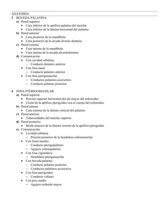 ANATOMÍA
3 BOVEDA PALATINA
  a) Pared superior
     • Cara inferior de la apófisis palatina del maxilar
     • Cara inferior de la lámina horizontal del palatino
  b) Pared anterior
     • Cara posterior de la mandíbula
     • Cara posterior de la arcada alvéolo dentaria
  c) Pared externa
     • Cara interna de la mandíbula
     • Cara interna de la arcada alveolodentaria
  d) Comunicación
     • Con cavidad orbitaria
        − Conducto dentario anterior
     • Con fosa nasal
        − Conducto palatino anterior
     • Con fosa pterigomaxilar
        − Conductos palatinos accesorios
        − Conducto palatino posterior

4   FOSA PTERIGOMAXILAR
    a) Pared superior
       • Porción superior horizontal del ala mayor del esfenoides
       • Unión de la apófisis pterigoides con el cuerpo del esfenoides
    b) Pared interna
       • Cara externa de la lámina vertical del palatino
    c) Pared anterior
       • Tuberosidades del maxilar superior
    d) Pared posterior
       • Borde anterior de la lámina externa de la apófisis pterigoides
    e) Comunicación
       • Cavidad orbitaria
          − Porción posterior de la hendidura esfenomaxilar
       • Con fosas nasales
          − Conducto pterigopalatino
          − Agujero esfenopalatino
       • Con fosa cigomática
          − Hendidura pterigomaxilar
       • Con bóveda palatina
          − Conducto palatino posterior
          − Conductos palatinos accesorios
       • Con fosa pterigoidea
          − Conducto vidiano
       • Con piso medio
          − Agujero redondo mayor
 