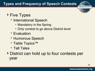 Types and Frequency of Speech Contests
Five Types
 International Speech
• Mandatory in the Spring
• Only contest to go above District level
 Evaluation
 Humorous Speech
 Table Topics™
 Tall Tales
District can hold up to four contests per
year
32
 