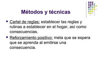 Métodos y técnicas
 Cartel de reglas: establecer las reglas y
rutinas a establecer en el hogar, así como
consecuencias.
 Reforzamiento positivo: meta que se espera
que se aprenda al emitirse una
consecuencia.
 