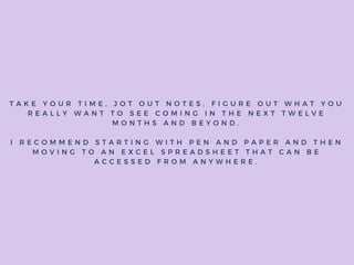 T A K E Y O U R T I M E , J O T O U T N O T E S , F I G U R E O U T W H A T Y O U
R E A L L Y W A N T T O S E E C O M I N G I N T H E N E X T T W E L V E
M O N T H S A N D B E Y O N D .
I R E C O M M E N D S T A R T I N G W I T H P E N A N D P A P E R A N D T H E N
M O V I N G T O A N E X C E L S P R E A D S H E E T T H A T C A N B E
A C C E S S E D F R O M A N Y W H E R E .
 