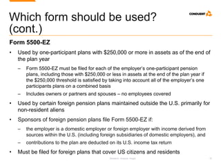 Research. Analysis. Insight. 22
Which form should be used?
(cont.)
Form 5500-EZ
• Used by one-participant plans with $250,000 or more in assets as of the end of
the plan year
‒ Form 5500-EZ must be filed for each of the employer’s one-participant pension
plans, including those with $250,000 or less in assets at the end of the plan year if
the $250,000 threshold is satisfied by taking into account all of the employer’s one
participants plans on a combined basis
‒ Includes owners or partners and spouses – no employees covered
• Used by certain foreign pension plans maintained outside the U.S. primarily for
non-resident aliens
• Sponsors of foreign pension plans file Form 5500-EZ if:
‒ the employer is a domestic employer or foreign employer with income derived from
sources within the U.S. (including foreign subsidiaries of domestic employers), and
‒ contributions to the plan are deducted on its U.S. income tax return
• Must be filed for foreign plans that cover US citizens and residents
 