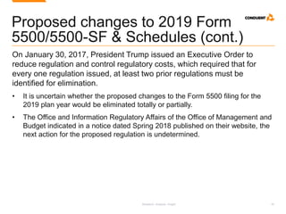 Research. Analysis. Insight. 42
Proposed changes to 2019 Form
5500/5500-SF & Schedules (cont.)
On January 30, 2017, President Trump issued an Executive Order to
reduce regulation and control regulatory costs, which required that for
every one regulation issued, at least two prior regulations must be
identified for elimination.
• It is uncertain whether the proposed changes to the Form 5500 filing for the
2019 plan year would be eliminated totally or partially.
• The Office and Information Regulatory Affairs of the Office of Management and
Budget indicated in a notice dated Spring 2018 published on their website, the
next action for the proposed regulation is undetermined.
 
