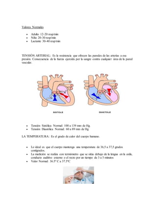 Valores Normales
 Adulto 12-20 resp/min
 Niño 20-30 resp/min
 Lactante 30-40 resp/min
TENSIÓN ARTERIAL: Es la resistencia que ofrecen las paredes de las arterias a esa
presión. Consecuencia de la fuerza ejercida por la sangre contra cualquier área de la pared
vascular.
 Tensión Sistólica Normal: 100 a 139 mm de Hg.
 Tensión Diastólica Normal: 60 a 89 mm de Hg
LA TEMPERATURA: Es el grado de calor del cuerpo humano.
 Lo ideal es que el cuerpo mantenga una temperatura de 36,5 a 37,5 grados
centígrados.
 La medición se realiza con termómetro que se sitúa debajo de la lengua en la axila,
conducto auditivo externo o el recto por un tiempo de 3 a 5 minutos
 Valor Normal: 36.5º C a 37.5ºC
 