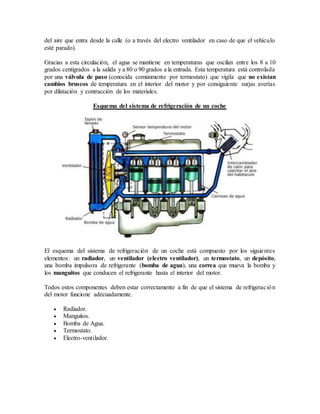 del aire que entra desde la calle (o a través del electro ventilador en caso de que el vehículo
esté parado).
Gracias a esta circulación, el agua se mantiene en temperaturas que oscilan entre los 8 a 10
grados centígrados a la salida y a 80 o 90 grados a la entrada. Esta temperatura está controlada
por una válvula de paso (conocida comúnmente por termostato) que vigila que no existan
cambios bruscos de temperatura en el interior del motor y por consiguiente surjas averías
por dilatación y contracción de los materiales.
Esquema del sistema de refrigeración de un coche
El esquema del sistema de refrigeración de un coche está compuesto por los siguientes
elementos: un radiador, un ventilador (electro ventilador), un termostato, un depósito,
una bomba impulsora de refrigerante (bomba de agua), una correa que mueva la bomba y
los manguitos que conducen el refrigerante hasta el interior del motor.
Todos estos componentes deben estar correctamente a fin de que el sistema de refrigeración
del motor funcione adecuadamente.
 Radiador.
 Manguitos.
 Bomba de Agua.
 Termostato.
 Electro-ventilador.
 