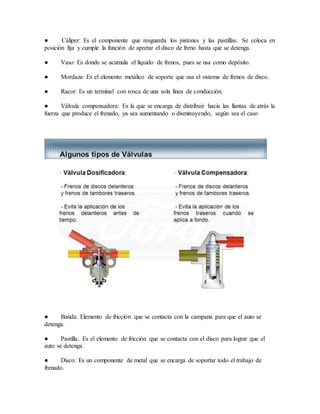 ● Cáliper: Es el componente que resguarda los pistones y las pastillas. Se coloca en
posición fija y cumple la función de apretar el disco de freno hasta que se detenga.
● Vaso: Es donde se acumula el líquido de frenos, pues se usa como depósito.
● Mordaza: Es el elemento metálico de soporte que usa el sistema de frenos de disco.
● Racor: Es un terminal con rosca de una sola línea de conducción.
● Válvula compensadora: Es la que se encarga de distribuir hacia las llantas de atrás la
fuerza que produce el frenado, ya sea aumentando o disminuyendo, según sea el caso
● Banda: Elemento de fricción que se contacta con la campana para que el auto se
detenga.
● Pastilla: Es el elemento de fricción que se contacta con el disco para lograr que el
auto se detenga.
● Disco: Es un componente de metal que se encarga de soportar todo el trabajo de
frenado.
 