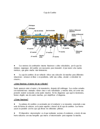 Caja de Cambio
● Los motores de combustión interna funcionan a altas velocidades, por lo que los
distintos engranajes del cambio son necesarios para transmitir el par motor a las ruedas
motrices, que giran mucho más lentamente.
● La caja de cambios de un vehículo ofrece una selección de marchas para diferentes
situaciones: arrancar en llano o en pendiente, subir una colina, circular a velocidad de
crucero...
¿cómo funciona el motor de un vehículo?
Suele aparecer entre el motor y la transmisión, después del embrague. Los coches actuales
con transmisiones manuales tienen cinco o seis velocidades y marcha atrás, así como una
posición neutral (conocida como punto muerto). En los diagramas que aquí te mostramos,
hemos elegido una de cuatro marchas, por simplificar el diagrama.
¿Cómo funciona?
● La palanca de cambios es accionada por el conductor y se encuentra conectada a una
serie de barras de selector, en la parte superior o lateral de la caja de cambios. Las barras
yacen en paralelo con los ejes que llevan los diferentes piñones.
● El dispositivo sincronizador es el que realmente acciona el conductor, a través de una
barra selectora con una horquilla que mueve el sincronizador para engranar la marcha.
 