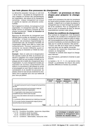 Les trois phases d’un processus de changement
La démarche proposée n’est pas un outil livré    1. L’éveil : un processus en deux
« clé en main » : les pilotes du changement doi- étapes pour préparer le change-
vent s’adapter en fonction des caractéristiques  ment
de l’organisation, des acteurs et du changement
concernés : chaque changement est unique                           L’éveil est le processus de prise de conscience
et appelle en réponse une démarche contex-                         de l’écart entre la situation prévue et la situation
tualisée.                                                          actuelle. L’objectif est à ce stade de préparer le
                                                                   changement pour en faire émerger les possibili-
Qu’il s’agisse d’un individu, d’un groupe ou d’une                 tés et les conditions. Pour un changement im-
organisation, le changement peut être appré-                       posé ou subi, le processus de deuil se déroule
hendé comme un processus composé de trois                          essentiellement pendant cette phase.
phases successives : l’éveil, la transition et
la ritualisation (3).                                              Evaluer les conditions du changement
Beaucoup de démarches de changement sont                           Pour conduire le changement, il est nécessaire
difficiles parce qu’elles se réduisent à la phase                  de vérifier si les conditions du changement sont
de transition : ni l’éveil ni la ritualisation ne sont             réunies afin de pouvoir mettre en place le dispo-
organisés. Les processus d’apprentissage ne                        sitif d’accompagnement le plus adapté. La grille
s’enclenchent pas, les évolutions formelles de                     suivante (3) présente une trame de réflexion pos-
l’organisation restent sans effet au niveau des                    sible pour le comité de direction. Elle permet :
comportements. Pourquoi apprendre à se                             • D’avoir une idée de la façon dont le change-
comporter de manière différente quand on                           ment est perçu par les agents concernés,
n’a pas perçu la nécessité ou l’intérêt de chan-                   • D’estimer les ressources disponibles pour
ger ? (4).                                                         conduire ce changement,
                                                                   • D’évaluer le contexte dans lequel ce change-
Exemple : Dans le cadre de la réorganisation                       ment intervient.
des services routiers de l’Etat, le processus qui
aboutit à l’adoption d’un nouvel organigramme                      Ces informations, permettront d’orienter le plan
dans une DDE est une évolution formelle qui ne                     d’action.
préjuge pas de la réalité des changements dans                     Le barème « +2, +1, -1, -2 » est donné à titre
l’organisation. Il y aura changement durable par                   indicatif. La pondération de chacun des points
acquisition de nouveaux comportements des                          peut-être différente en fonction du contexte.
acteurs si ce processus a été préparé en amont
et accompagné en aval. Dans le cadre de la dé-
centralisation et du transfert de personnel, les
phases amont et aval (et pas seulement la tran-
sition) sont à organiser pour ceux qui restent et
pour ceux qui partent.


                                                                  D’accord      Plutôt       Plutôt en    En désac-
                                                                    (+ 2)      d’accord     désaccord       cord
                                                                                 (+ 1)         (- 1)         (- 2)
1 - Les agents perçoivent que le changement proposé leur
est utile
2 - Les agents perçoivent que la situation visée est
importante pour l’avenir de l’organisation
3 - L’organisation a les ressources humaines et les
compétences pour mener à bien le projet
4 - Au niveau des relations de travail, le contexte est
propice
5 - La direction affiche clairement son intérêt pour le projet
6 - Il n’y a pas d’autres changements majeurs prévus
durant la mise en œuvre du projet
                                                          Total      a             b             c             d


Total général a+b+c+d :
+9 à +12 : Conditions favorables, ressources disponibles
                                                                                La stratégie à adopter pour
 +1 à +8 : Conditions plutôt favorables
                                                                                conduire le changement sera
   0 à -8 : Conditions plutôt défavorables
                                                                                fonction du résultat obtenu
 -9 à -12 : Conditions défavorables, ressources rares




                                                           La Lettre du CEDIP - En lignes n° 33 - octobre 2005 - page 5
 