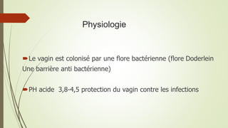 Physiologie
Le vagin est colonisé par une flore bactérienne (flore Doderlein
Une barrière anti bactérienne)
PH acide 3,8-4,5 protection du vagin contre les infections
 