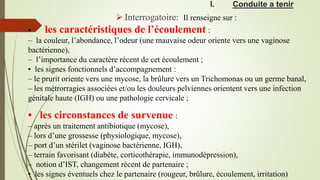 I. Conduite a tenir
 Interrogatoire: Il renseigne sur :
• les caractéristiques de l’écoulement :
– la couleur, l’abondance, l’odeur (une mauvaise odeur oriente vers une vaginose
bactérienne),
– l’importance du caractère récent de cet écoulement ;
• les signes fonctionnels d’accompagnement :
– le prurit oriente vers une mycose, la brûlure vers un Trichomonas ou un germe banal,
– les métrorragies associées et/ou les douleurs pelviennes orientent vers une infection
génitale haute (IGH) ou une pathologie cervicale ;
• les circonstances de survenue :
– après un traitement antibiotique (mycose),
– lors d’une grossesse (physiologique, mycose),
– port d’un stérilet (vaginose bactérienne, IGH),
– terrain favorisant (diabète, corticothérapie, immunodépression),
– notion d’IST, changement récent de partenaire ;
• les signes éventuels chez le partenaire (rougeur, brûlure, écoulement, irritation)
 
