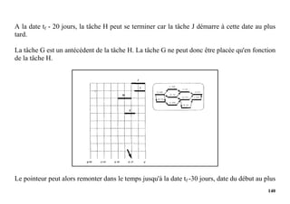 140
A la date tf - 20 jours, la tâche H peut se terminer car la tâche J démarre à cette date au plus
tard.
La tâche G est un antécédent de la tâche H. La tâche G ne peut donc être placée qu'en fonction
de la tâche H.
Le pointeur peut alors remonter dans le temps jusqu'à la date tf -30 jours, date du début au plus
 