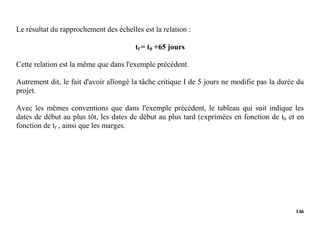 146
Le résultat du rapprochement des échelles est la relation :
tf = t0 +65 jours
Cette relation est la même que dans l'exemple précédent.
Autrement dit, le fait d'avoir allongé la tâche critique I de 5 jours ne modifie pas la durée du
projet.
Avec les mêmes conventions que dans l'exemple précédent, le tableau qui suit indique les
dates de début au plus tôt, les dates de début au plus tard (exprimées en fonction de t0 et en
fonction de tf , ainsi que les marges.
 