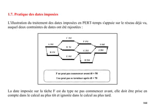 164
1.7. Pratique des dates imposées
L'illustration du traitement des dates imposées en PERT-temps s'appuie sur le réseau déjà vu,
auquel deux contraintes de dates ont été rajoutées :
La date imposée sur la tâche F est du type ne pas commencer avant, elle doit être prise en
compte dans le calcul au plus tôt et ignorée dans le calcul au plus tard.
 