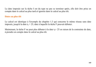 165
La date imposée sur la tâche I est du type ne pas se terminer après, elle doit être prise en
compte dans le calcul au plus tard et ignorée dans le calcul au plus tôt.
Dates au plus tôt
Le calcul est identique à l'exemple du chapitre 1.3 qui concerne le même réseau sans date
imposée, jusqu'à la date t0 + 25, date à laquelle la tâche F pouvait débuter.
Maintenant, la tâche F ne peut plus débuter à la date t0+ 25 en raison de la contrainte de date,
à prendre en compte dans le calcul au plus tôt.
 