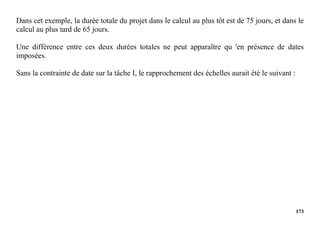 173
Dans cet exemple, la durée totale du projet dans le calcul au plus tôt est de 75 jours, et dans le
calcul au plus tard de 65 jours.
Une différence entre ces deux durées totales ne peut apparaître qu 'en présence de dates
imposées.
Sans la contrainte de date sur la tâche I, le rapprochement des échelles aurait été le suivant :
 
