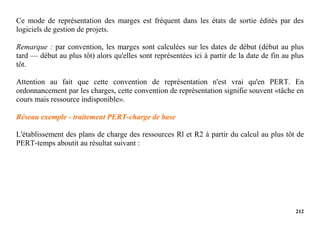 212
Ce mode de représentation des marges est fréquent dans les états de sortie édités par des
logiciels de gestion de projets.
Remarque : par convention, les marges sont calculées sur les dates de début (début au plus
tard — début au plus tôt) alors qu'elles sont représentées ici à partir de la date de fin au plus
tôt.
Attention au fait que cette convention de représentation n'est vrai qu'en PERT. En
ordonnancement par les charges, cette convention de représentation signifie souvent «tâche en
cours mais ressource indisponible».
Réseau exemple - traitement PERT-charge de base
L'établissement des plans de charge des ressources Rl et R2 à partir du calcul au plus tôt de
PERT-temps aboutit au résultat suivant :
 