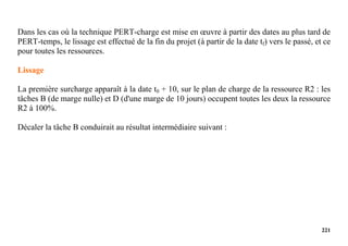 221
Dans les cas où la technique PERT-charge est mise en œuvre à partir des dates au plus tard de
PERT-temps, le lissage est effectué de la fin du projet (à partir de la date tf) vers le passé, et ce
pour toutes les ressources.
Lissage
La première surcharge apparaît à la date t0 + 10, sur le plan de charge de la ressource R2 : les
tâches B (de marge nulle) et D (d'une marge de 10 jours) occupent toutes les deux la ressource
R2 à 100%.
Décaler la tâche B conduirait au résultat intermédiaire suivant :
 