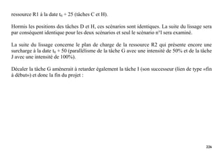 226
ressource R1 à la date t0 + 25 (tâches C et H).
Hormis les positions des tâches D et H, ces scénarios sont identiques. La suite du lissage sera
par conséquent identique pour les deux scénarios et seul le scénario n°l sera examiné.
La suite du lissage concerne le plan de charge de la ressource R2 qui présente encore une
surcharge à la date t0 + 50 (parallélisme de la tâche G avec une intensité de 50% et de la tâche
J avec une intensité de 100%).
Décaler la tâche G amènerait à retarder également la tâche I (son successeur (lien de type «fin
à début») et donc la fin du projet :
 